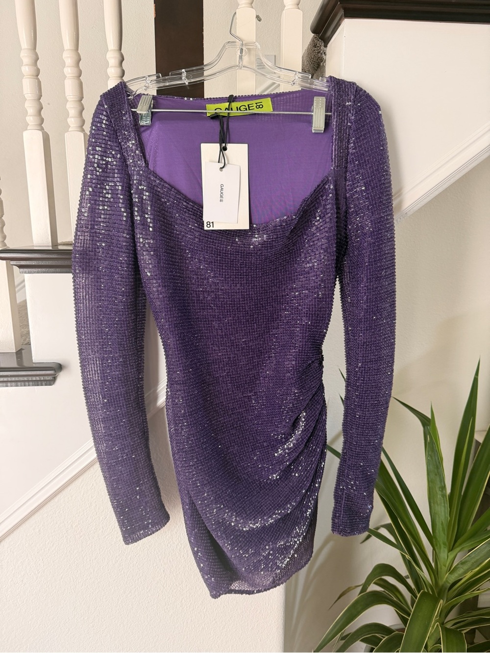Gauge81 Purple Long-Sleeve Sequin Ruched Mini Dress